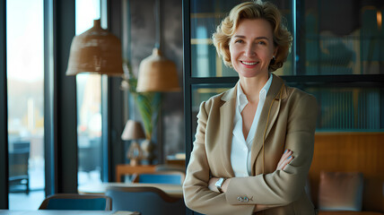A woman in a tan jacket and white shirt is smiling and standing in front of a window. She is...