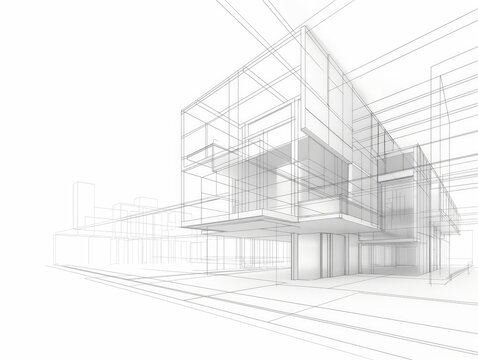 A monochrome line drawing depicting the conceptual design of a modern building, emphasizing structure and form.