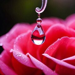 a single dewdrop hanging from the tip of a red rose petal softly