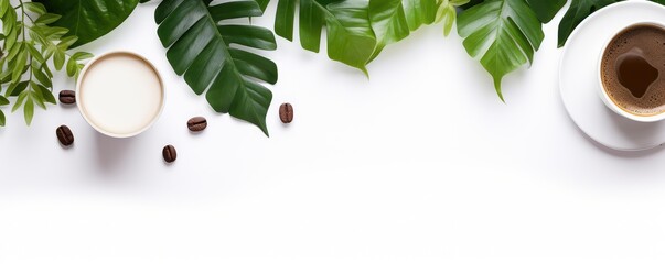 Minimalistic coffee cup with green leaves - obrazy, fototapety, plakaty