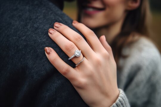 Close-up image of a man's hand holding an engagement ring, with his girlfriend filled with happiness, gently blurred in the background.