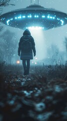 Person Walking in Front of Flying Saucer