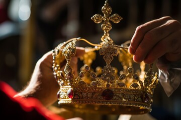 
Close-up of a regal crown being placed on a future monarch’s head, with focus on the intricate...