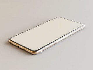 Sleek modern smartphone with a blank screen for mockup placed on a light grey surface.