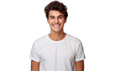 Smiling Man in White T-Shirt. On a White or Clear Surface PNG Transparent Background.