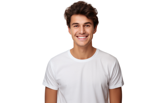 Smiling Man in White T-Shirt. On a White or Clear Surface PNG Transparent Background.