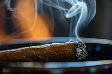 Cigar in a wooden bowl with smoke on a dark background - obrazy, fototapety, plakaty