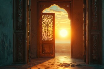 The Sun's rays illuminate an ornate doorway
