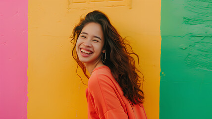 A woman with long hair is smiling and wearing an orange shirt. She is standing in front of a colorful wall