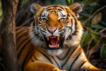 
Close-up photograph capturing the cheerful expression of a grinning tiger, its vibrant personality shining through.
