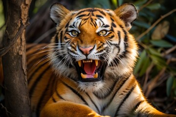 Fototapeta premium Close-up photograph capturing the cheerful expression of a grinning tiger, its vibrant personality shining through.