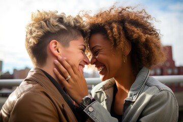 Photograph capturing the moment of a lesbian couple's proposal, with one partner presenting an engagement ring to the other partner, their expressions filled with joy and love.