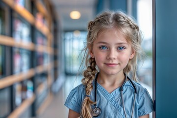 Portrait of cute little girl with stethoscope at hospital corridor