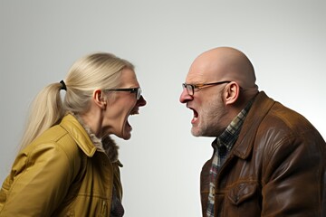 Mid-aged couple arguing, marriage problem concept, isolated on white, relationship challenges