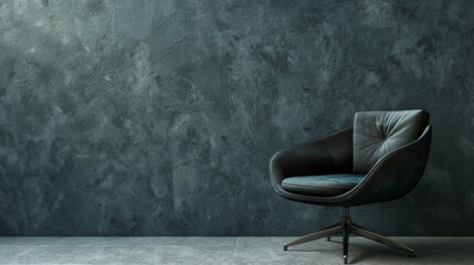 A Fashionable designer black chair set against a grey backdrop. This piece of seating furniture exudes contemporary elegance. - obrazy, fototapety, plakaty