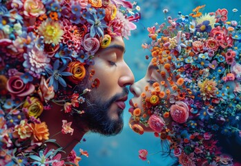 Portrait of a young couple kissing with hair made of colorful flowers. Springtime romance background - 762089698