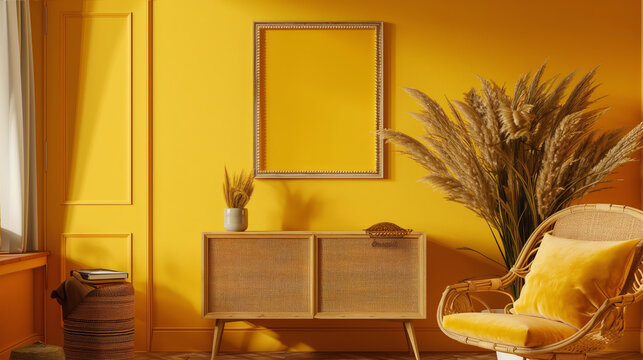 A cozy living room with yellow walls and hardwood flooring, featuring a wicker chair, dresser, and a picture frame hanging on the wall