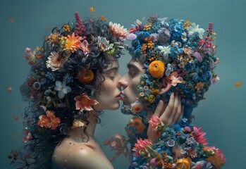 Portrait of a young couple kissing with hair made of colorful flowers. Springtime romance background - 762090018