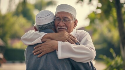 An older man in a white shirt embraces his friend. Fictional character created by Generated AI. 