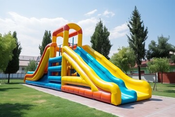 Colorful inflatable bounce house water slide for childrens playground fun in the backyard