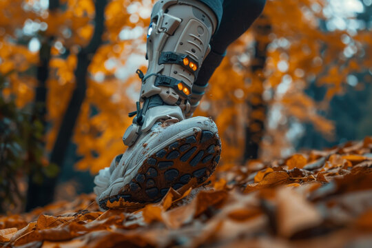 Woman athlete wearing a robotic leg prosthesis while running in the park