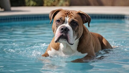 White and brown american bulldog in the swimming pool