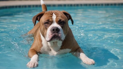 White and brown american bulldog in the swimming pool