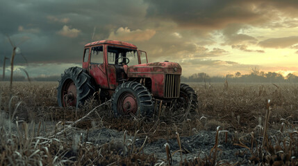 An abandoned, rusty tractor lies forgotten in an overgrown field, its once vibrant days of use now long past.