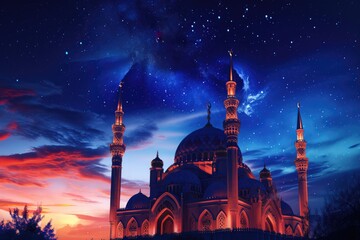 The Beautiful Blue Mosque under the Starry Night Sky - obrazy, fototapety, plakaty