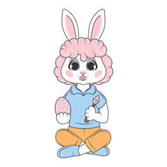 Cute bunny boy sits and paints an egg with dyes. Vector illustration isolated on transparent background. Easter celebration.