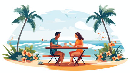 Couple enjoying summer with surf table isolated vector - obrazy, fototapety, plakaty