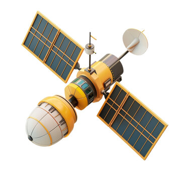 Detailed model of a space satellite with solar panels on a transparent background, depicting space exploration