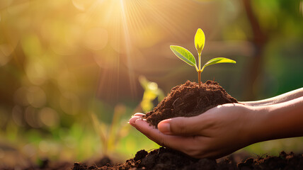 A person is holding a small plant in their hand. The plant is a young sapling, and the person is holding it in the dirt. Concept of nurturing and care for the plant - obrazy, fototapety, plakaty