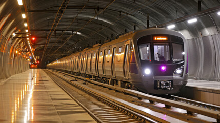 Obraz premium At the empty metro station, a chrome train stands alone on the platform, its shiny exterior gleaming under the fluorescent lights, contrasting against the deserted surroundings.
