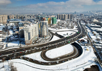 Aerial view panorama of road and cityscape in Almaty