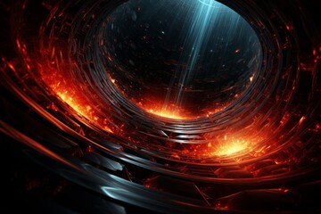Abstract red grid tunnel or wormhole, futuristic 3d portal. Cosmic funnel-shaped spiral technology - obrazy, fototapety, plakaty