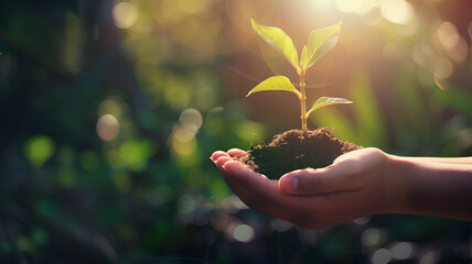 A person is holding a small plant in their hand. The plant is a young sapling, and the person is holding it in the dirt. Concept of nurturing and care for the plant - obrazy, fototapety, plakaty