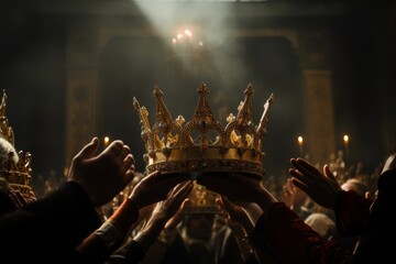
Photo capturing the coronation process from behind, showing the head of the future monarch and hands delicately placing the crown, emphasizing the solemnity of the moment.
