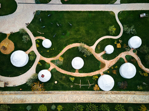 Aerial view of yurt camp in Turkestan