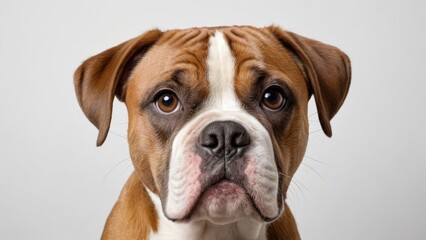 White and brown american bulldog on grey background