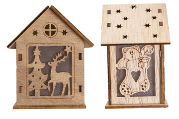 Isolated wooden house with deer and fir tree for decoration for Christmas and New Year on a white...