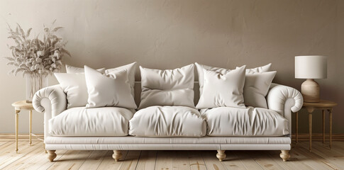Fototapeta na wymiar A white rectangular couch with matching pillows and a lamp in a cozy living room, creating a serene and comfortable atmosphere
