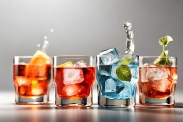 Ice cubes and different soda drinks on white background Generative AI