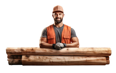 Man Wearing Hard Hat and Orange Vest Standing Behind Large Piece of Wood. On a White or Clear Surface PNG Transparent Background.