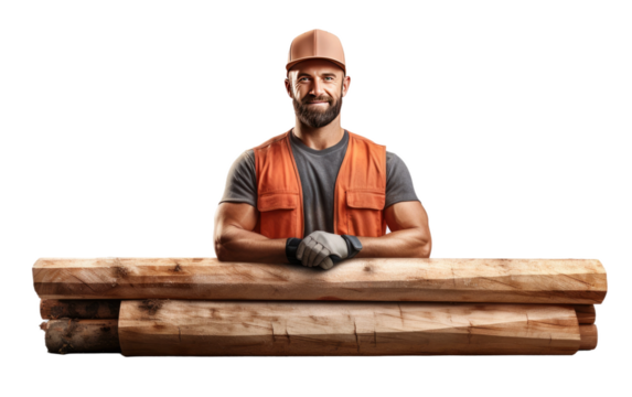 Man Wearing Hard Hat and Orange Vest Standing Behind Large Piece of Wood. On a White or Clear Surface PNG Transparent Background. - Powered by Adobe