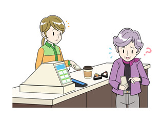 レジでスマホ決済にまごつきあせるシニア女性