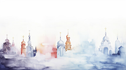 White churches on a light background, watercolor postcard in sketch technique