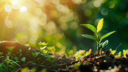 A small green plant is growing in the dirt. The image has a peaceful and calming mood, as it shows the beauty of nature and the growth of a new life - obrazy, fototapety, plakaty