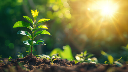 A small plant is growing in the dirt on a hillside. The sun is shining brightly on the plant, making it look like it's just starting to grow. The scene is peaceful and serene