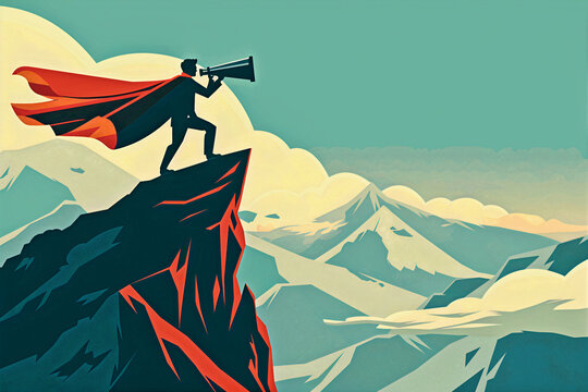 businessman vision journey to success discovery new opportunity mountain peak telescope leadership development achievement